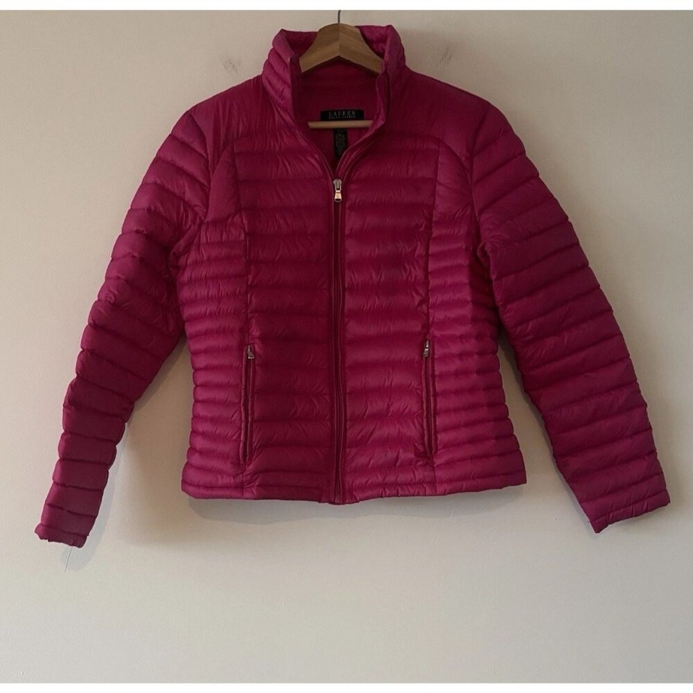 Lauren Ralph Lauren Pink Down Puffer Jacket Size Women’s M Preppy HAS STAINS